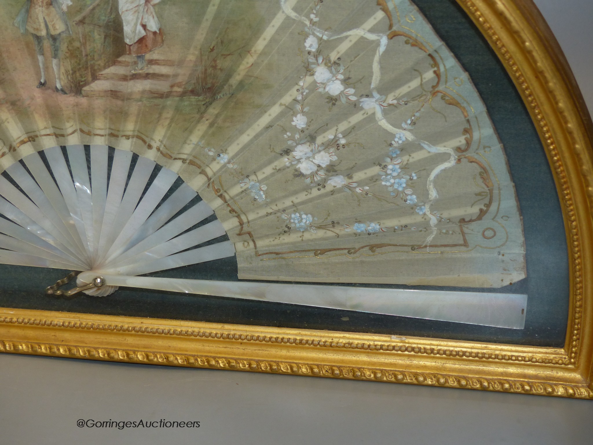 A late 19th century French painted silk fan, 39 x 20cm, cased